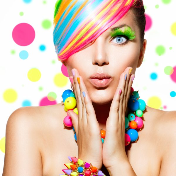 Beauty Girl Portrait with Colorful Makeup, Hair and Accessories